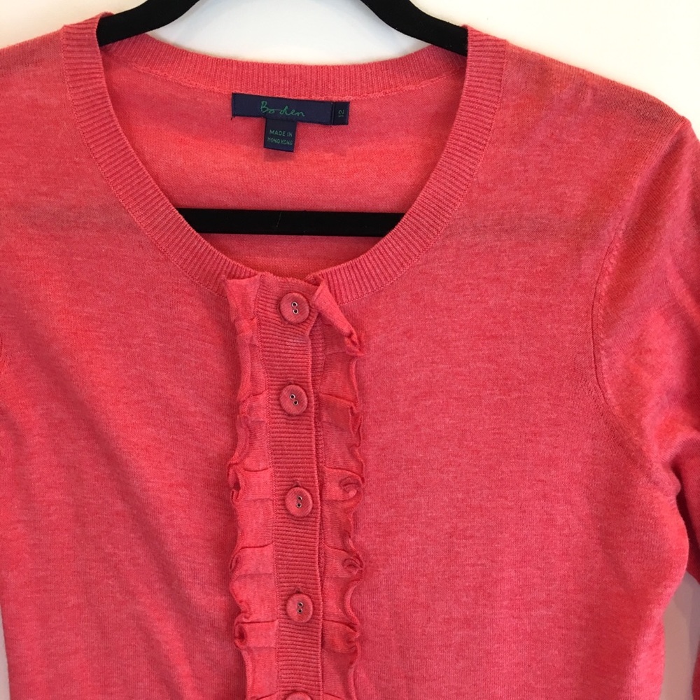 Boden coral ruffle cardigan sweater, UK 12, small